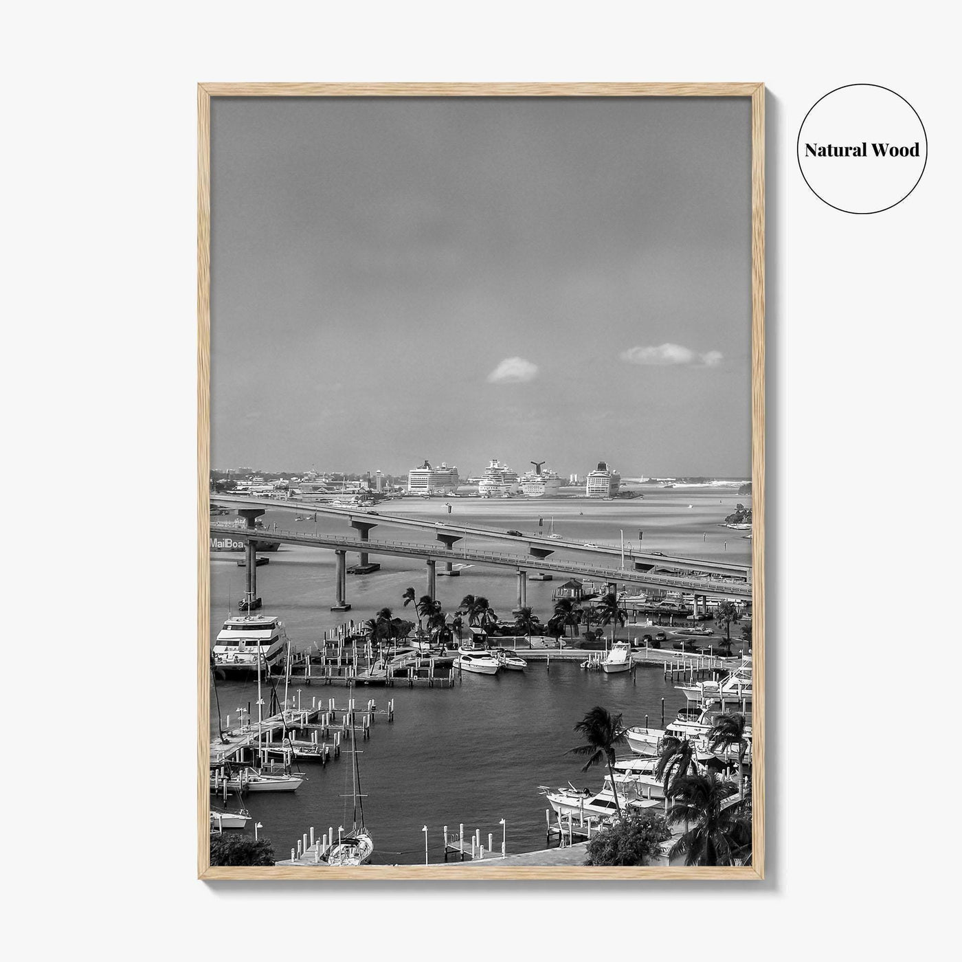 Nassau Black and White Fine Art Photo Print, Bahamas Paradise Island Bridge Boats Poster