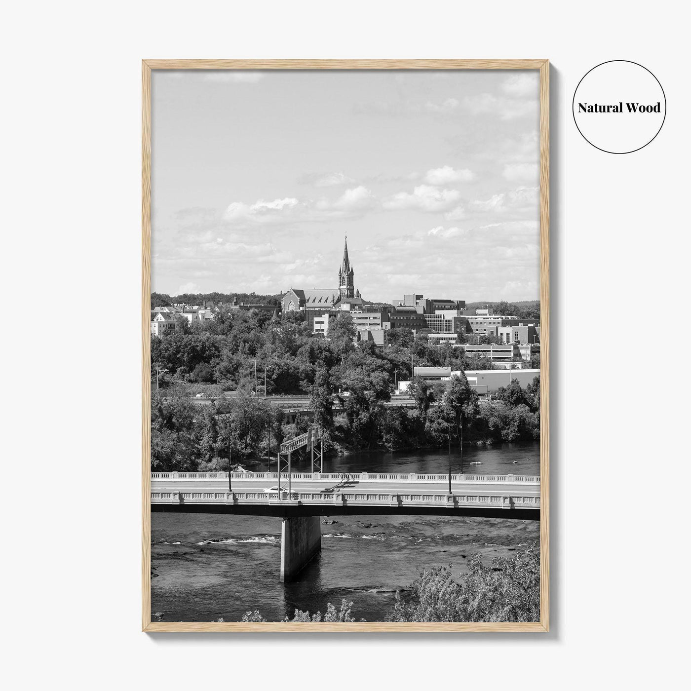 Manchester New Hampshire Skyline Black and White Fine Art Photo Print, Poster, Merrimack River