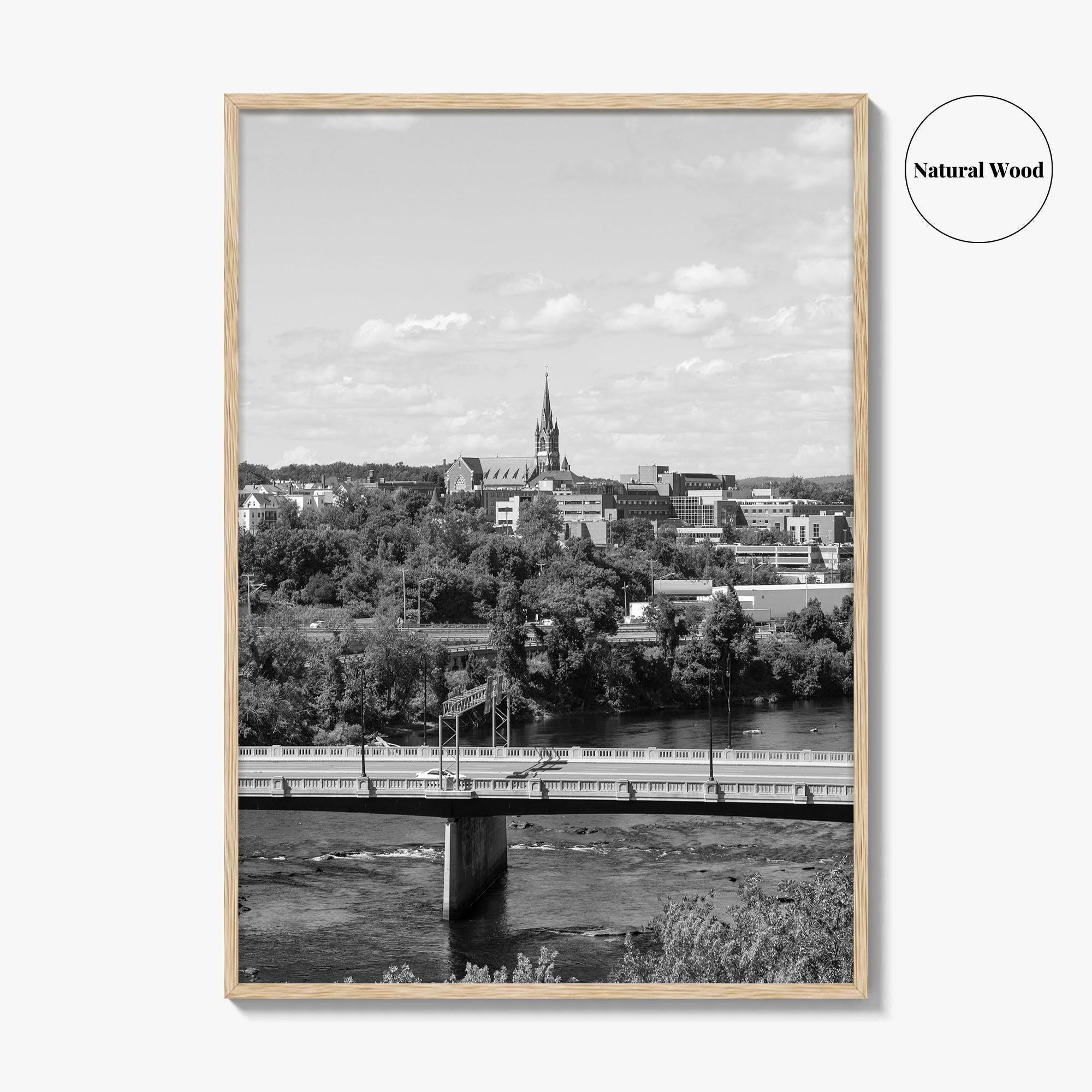 Manchester New Hampshire Skyline Black and White Fine Art Photo Print, Poster, Merrimack River
