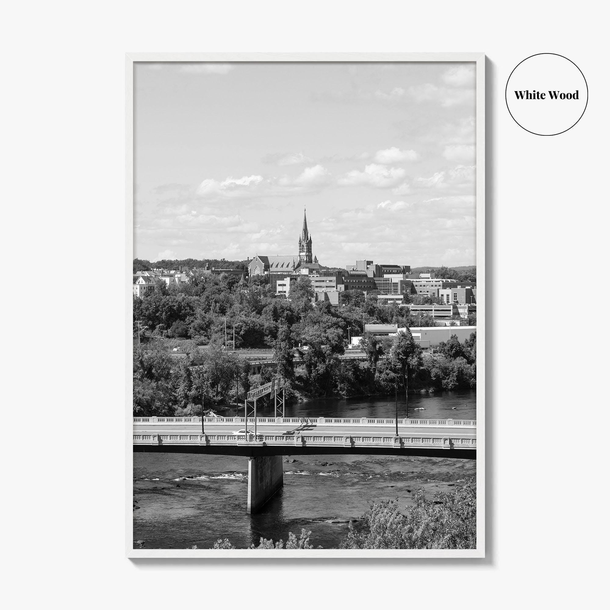 Manchester New Hampshire Skyline Black and White Fine Art Photo Print, Poster, Merrimack River
