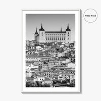 Toledo Spain Black and White Fine Art Photo Print, Alcazar Cityscape, Poster