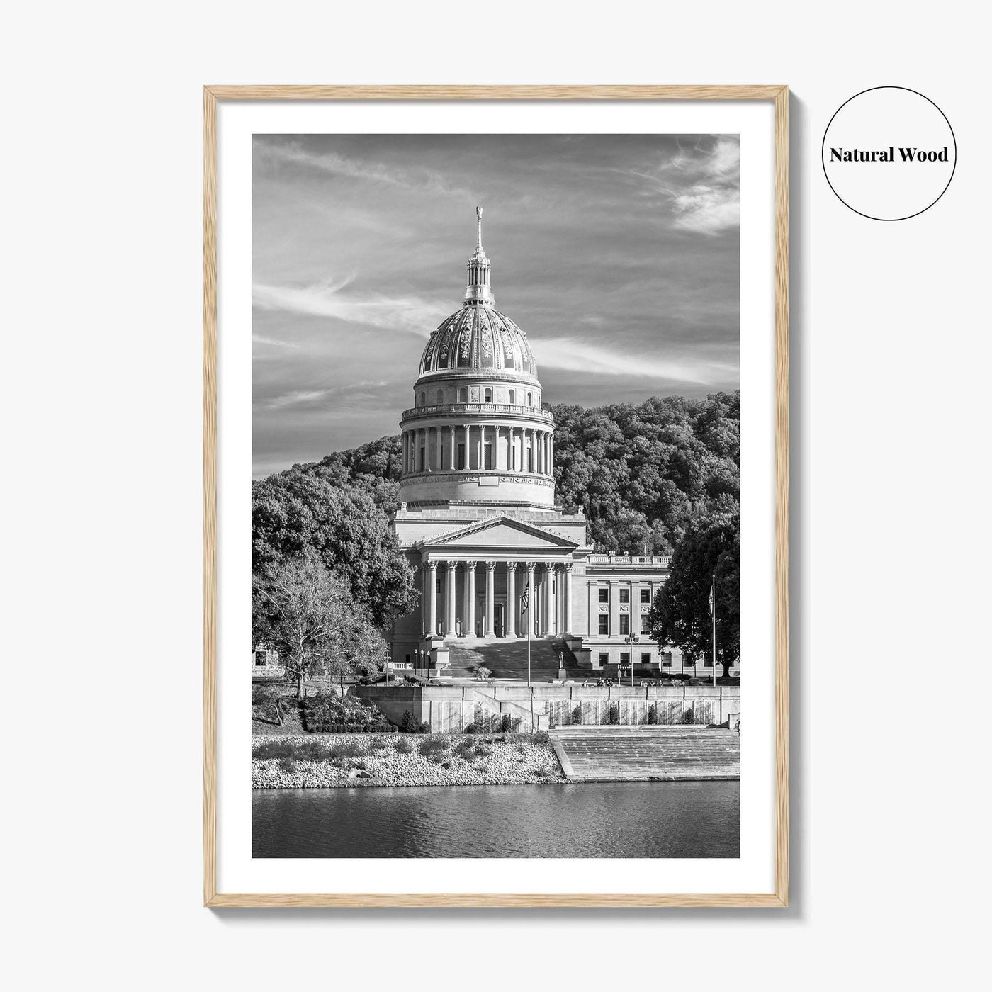 West Virginia Black and White Fine Art Photo Print, Charleston Capitol Kanawha River Poster