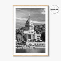 West Virginia Black and White Fine Art Photo Print, Charleston Capitol Kanawha River Poster
