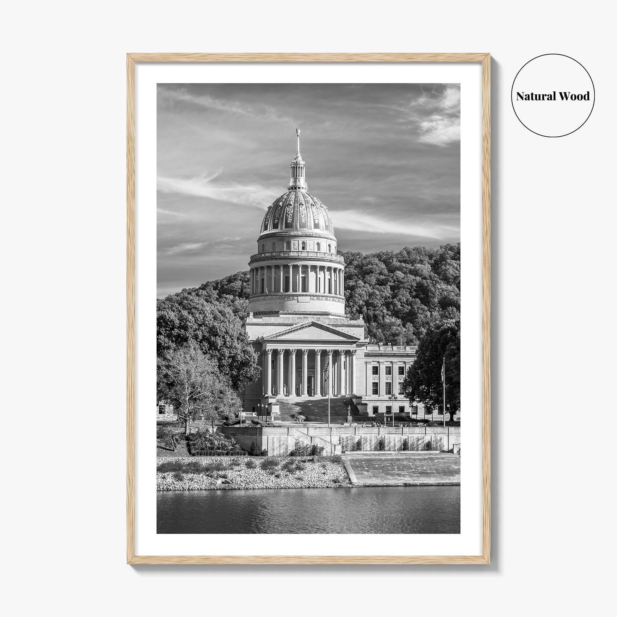 West Virginia Black and White Fine Art Photo Print, Charleston Capitol Kanawha River Poster