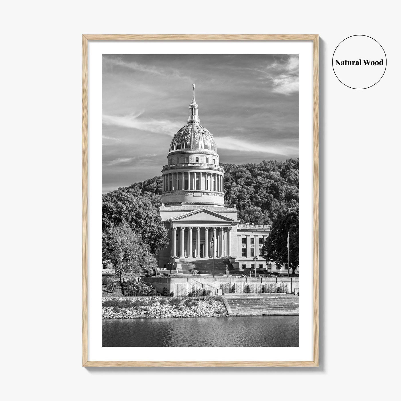 West Virginia Black and White Fine Art Photo Print, Charleston Capitol Kanawha River Poster