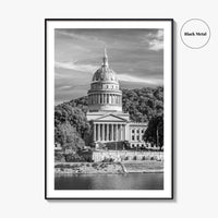 West Virginia Black and White Fine Art Photo Print, Charleston Capitol Kanawha River Poster