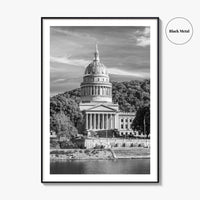 West Virginia Black and White Fine Art Photo Print, Charleston Capitol Kanawha River Poster