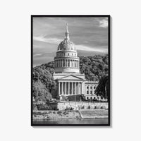 West Virginia Black and White Fine Art Photo Print, Charleston Capitol Kanawha River Poster