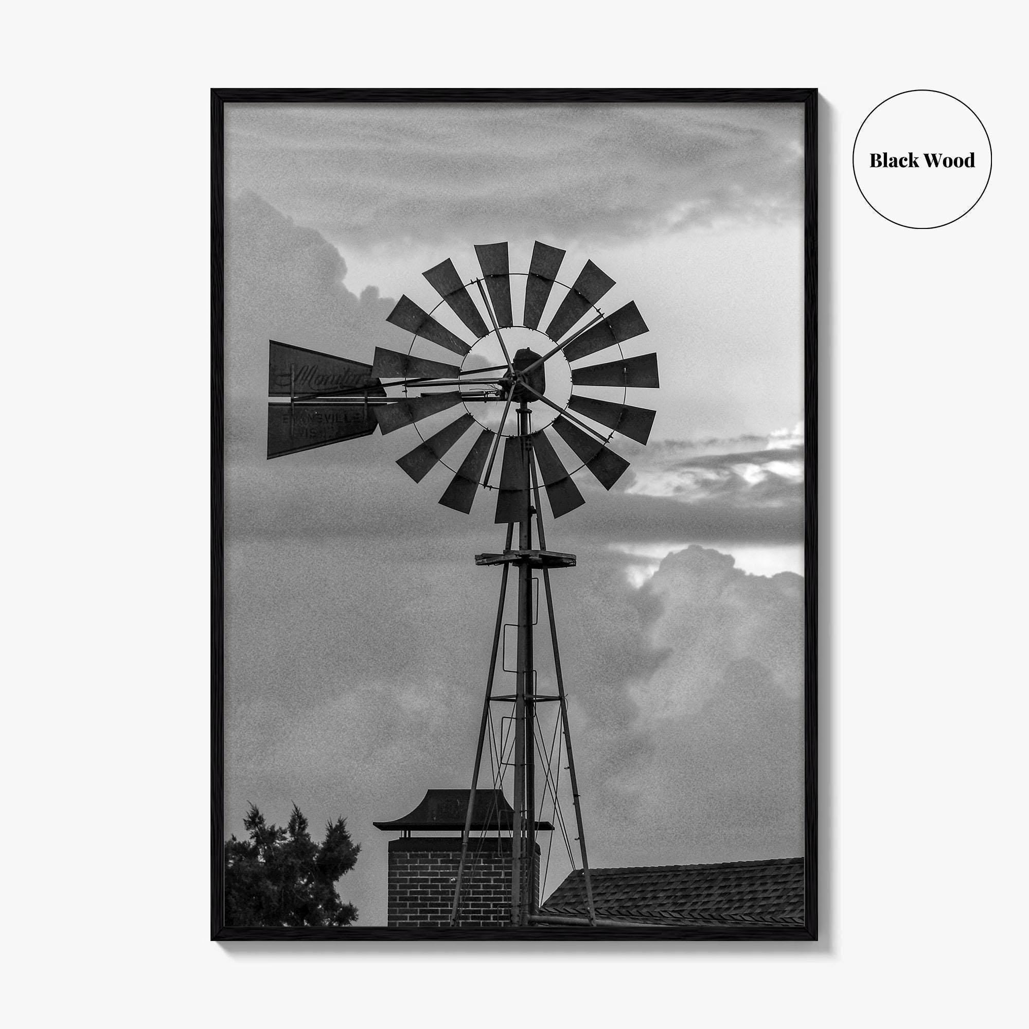 Texas Black and White Fine Art Photo Print, Windmill, Thunderstorm Skies, Landscape Poster, USA