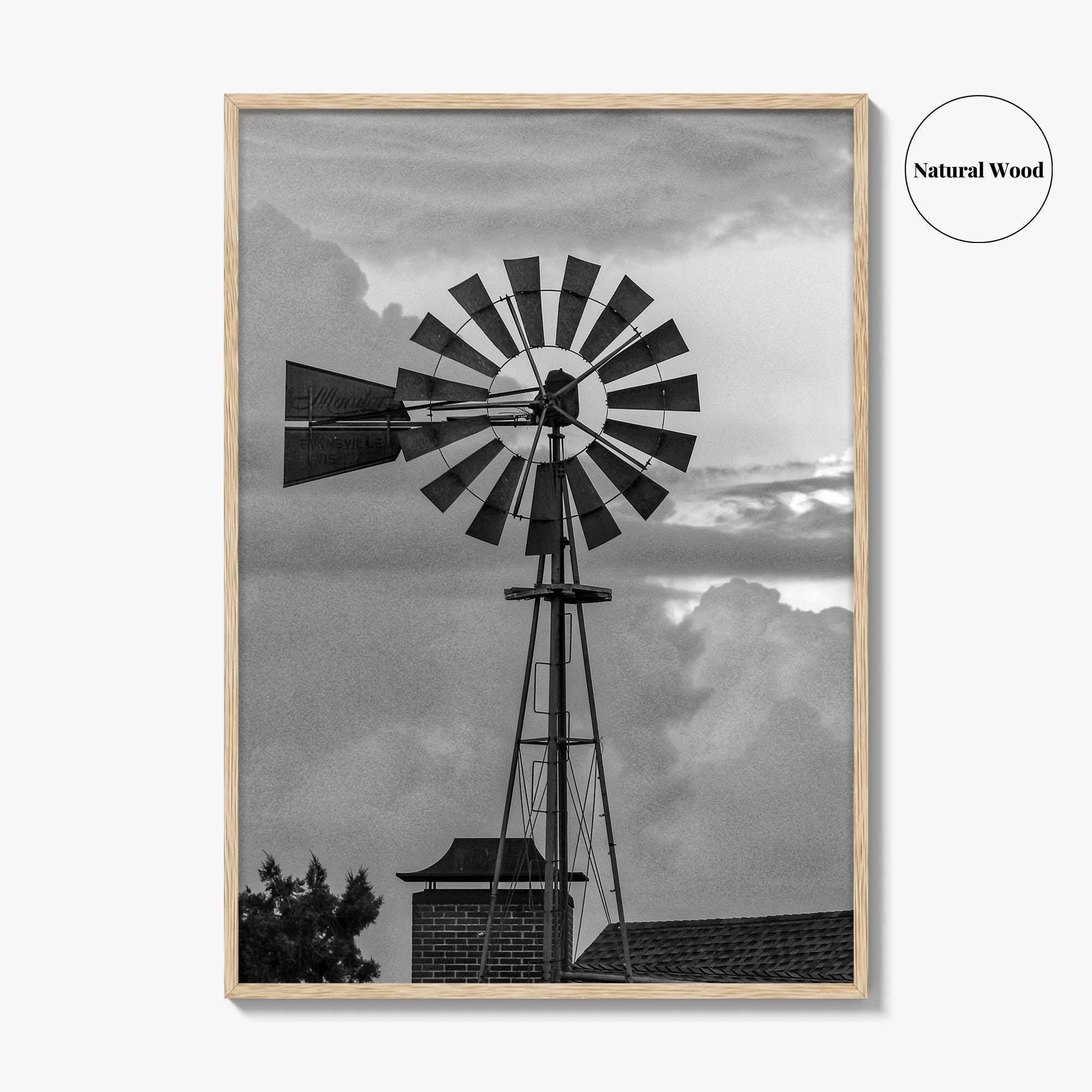 Texas Black and White Fine Art Photo Print, Windmill, Thunderstorm Skies, Landscape Poster, USA