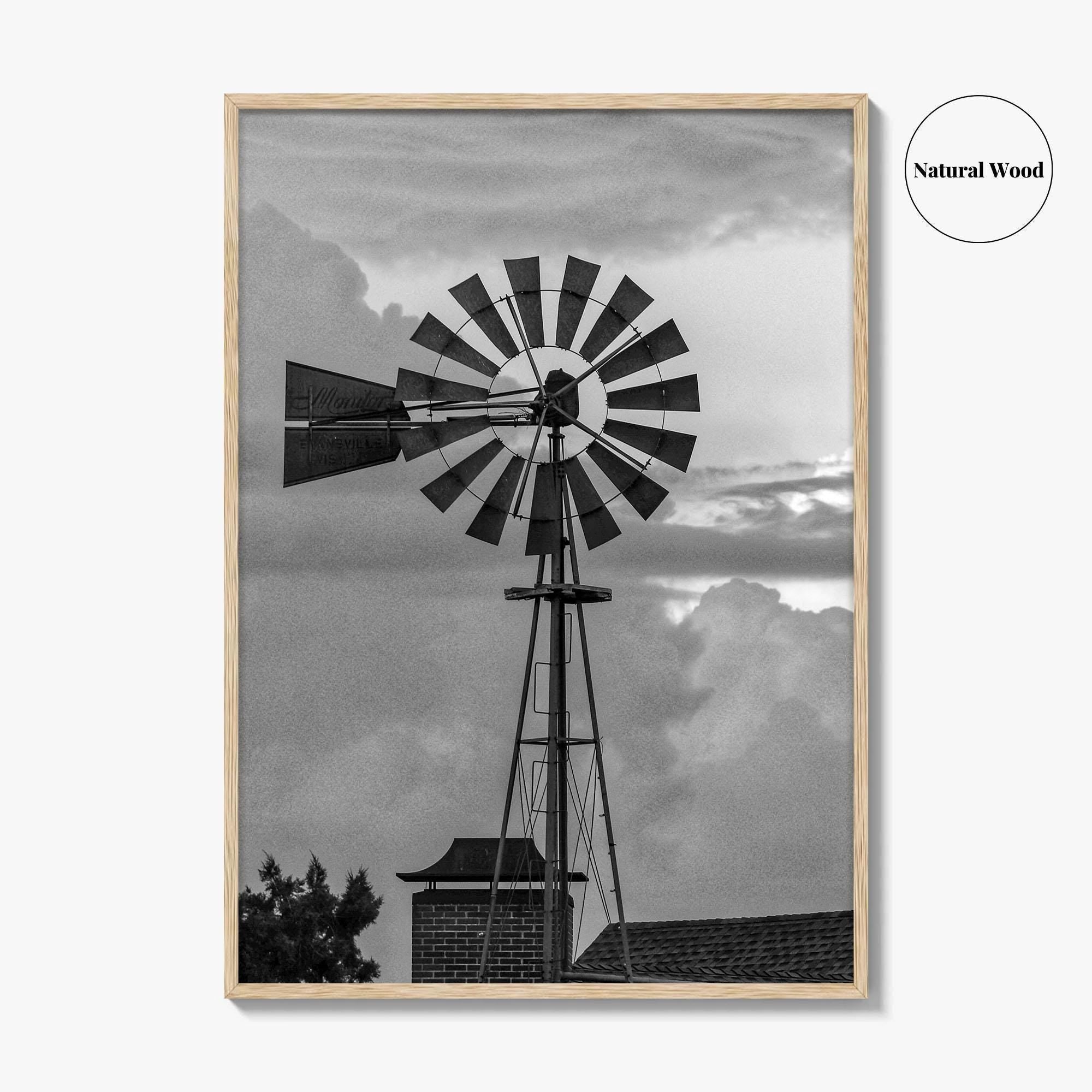 Texas Black and White Fine Art Photo Print, Windmill, Thunderstorm Skies, Landscape Poster, USA