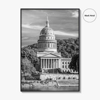 West Virginia Black and White Fine Art Photo Print, Charleston Capitol Kanawha River Poster