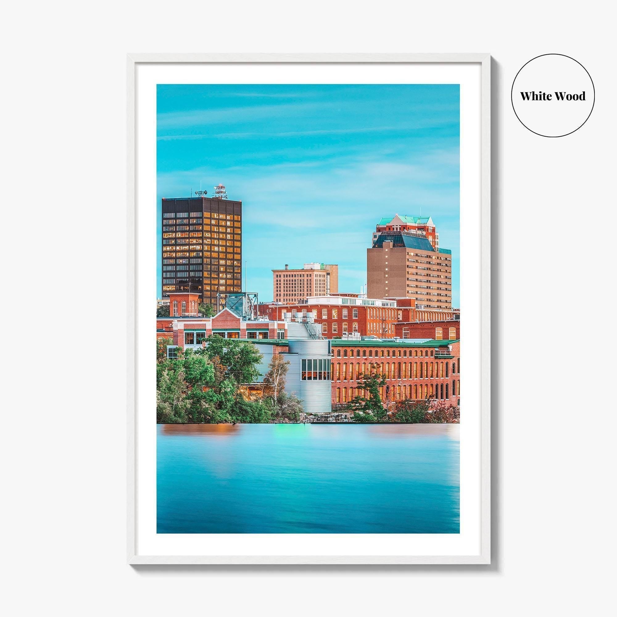 Manchester New Hampshire Skyline Fine Art Photo Print, Merrimack River Wall Decor Poster