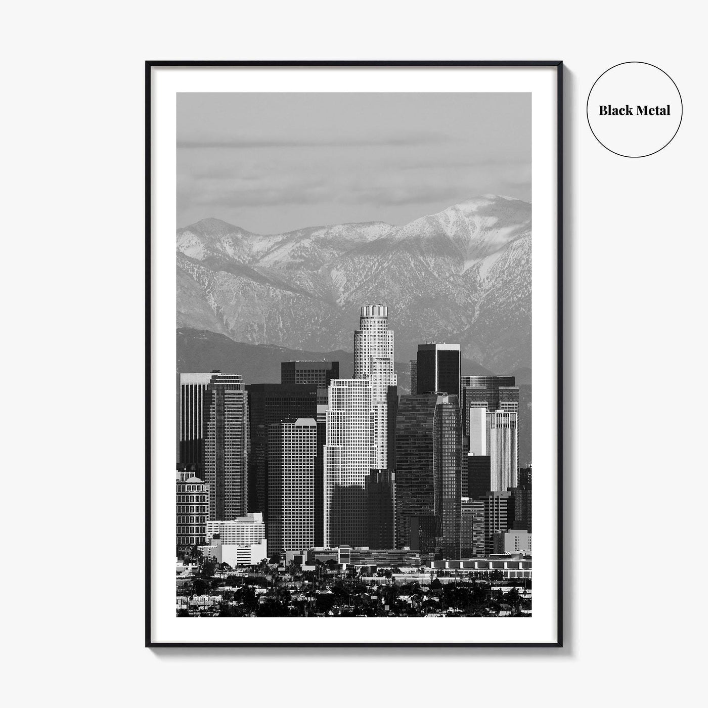 Los Angeles Skyline Black and White Fine Art Photo Print, Snowy Mountains California Poster