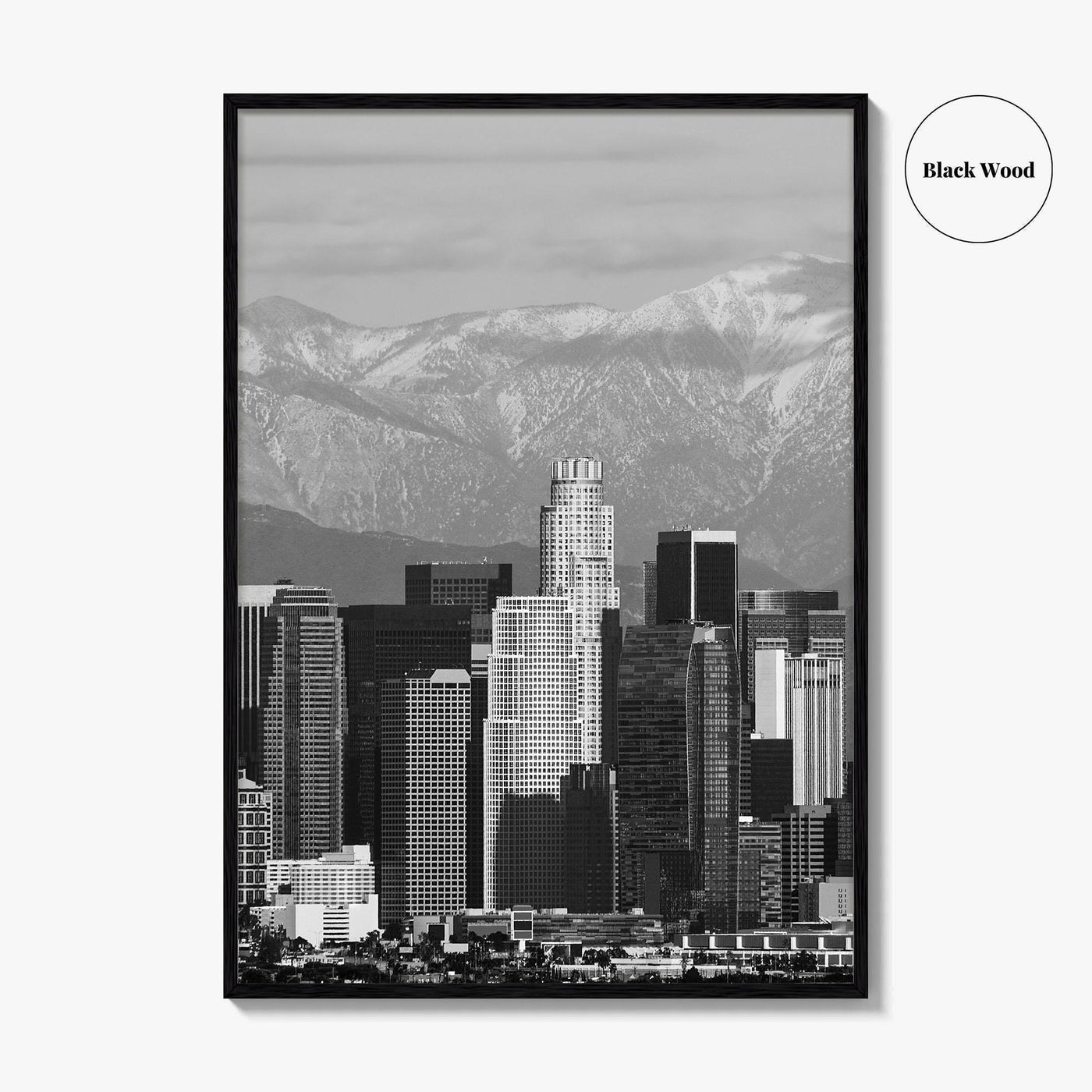 Los Angeles Skyline Black and White Fine Art Photo Print, Snowy Mountains California Poster