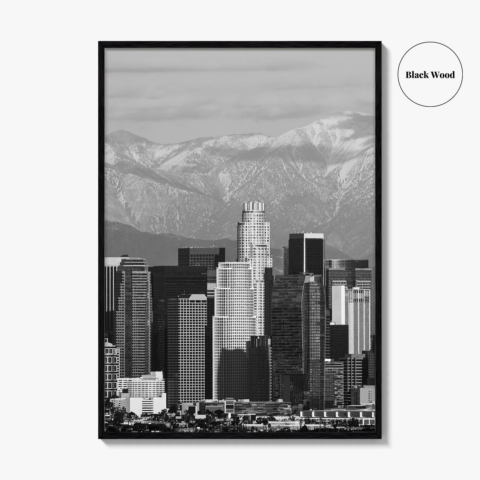 Los Angeles Skyline Black and White Fine Art Photo Print, Snowy Mountains California Poster