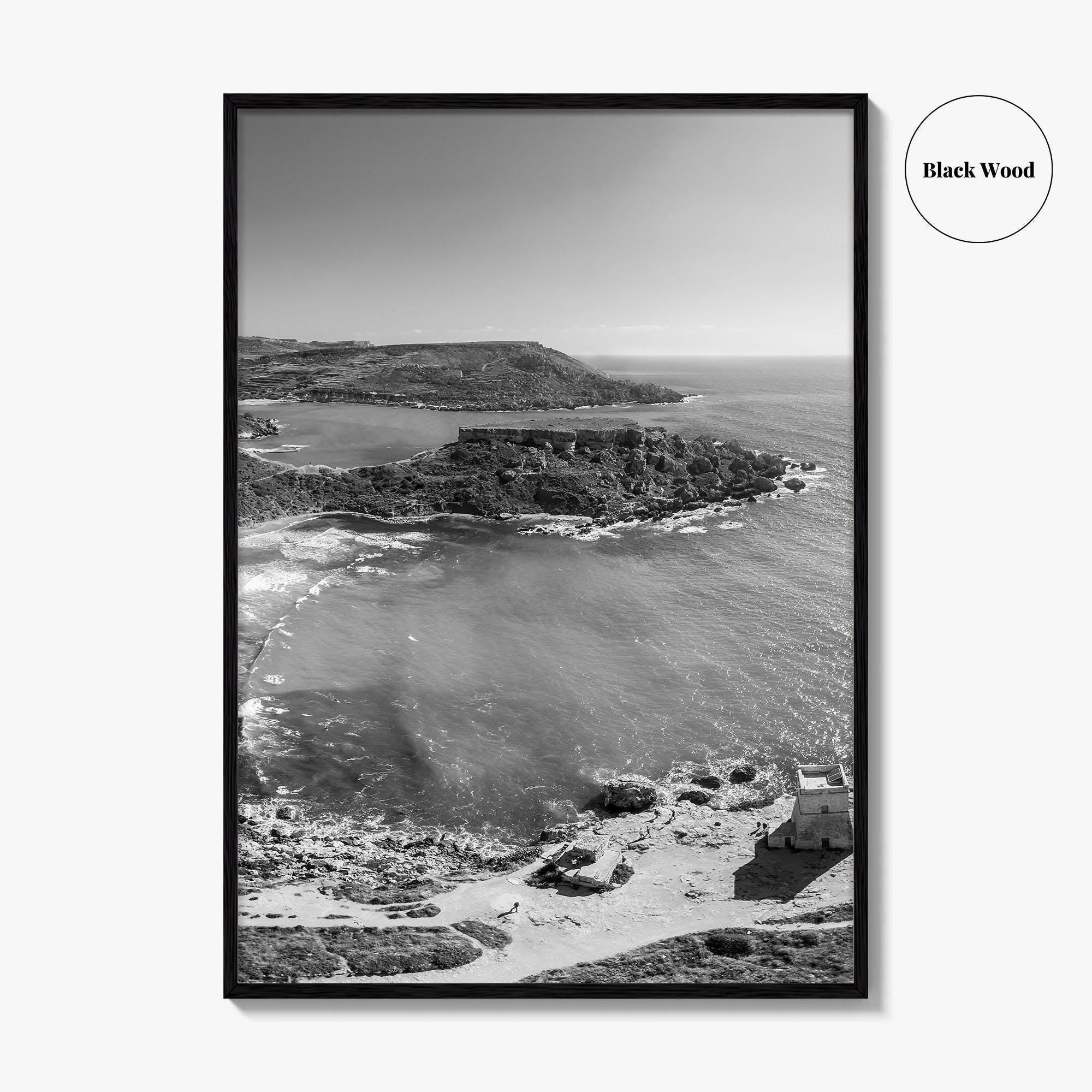 Malta Black and White Fine Art Photo Print, Golden Bay Beach, Mellieha, Coastal Poster