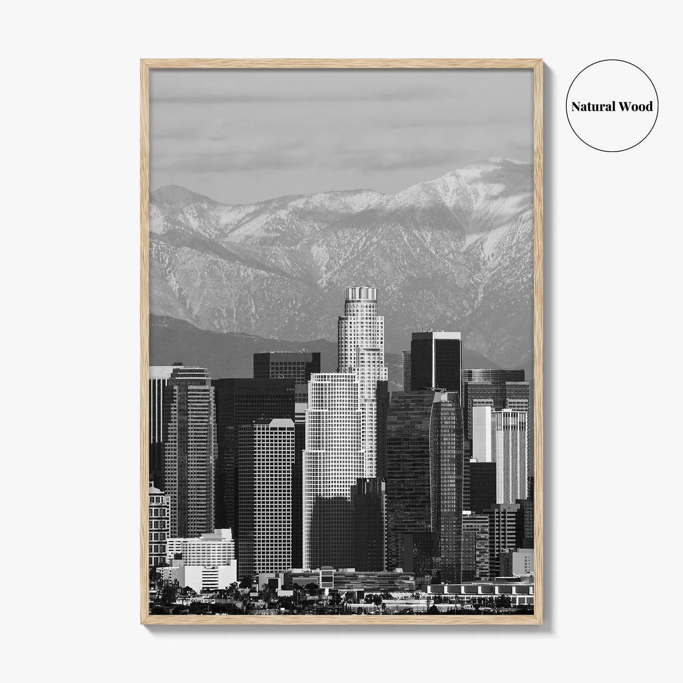 Los Angeles Skyline Black and White Fine Art Photo Print, Snowy Mountains California Poster