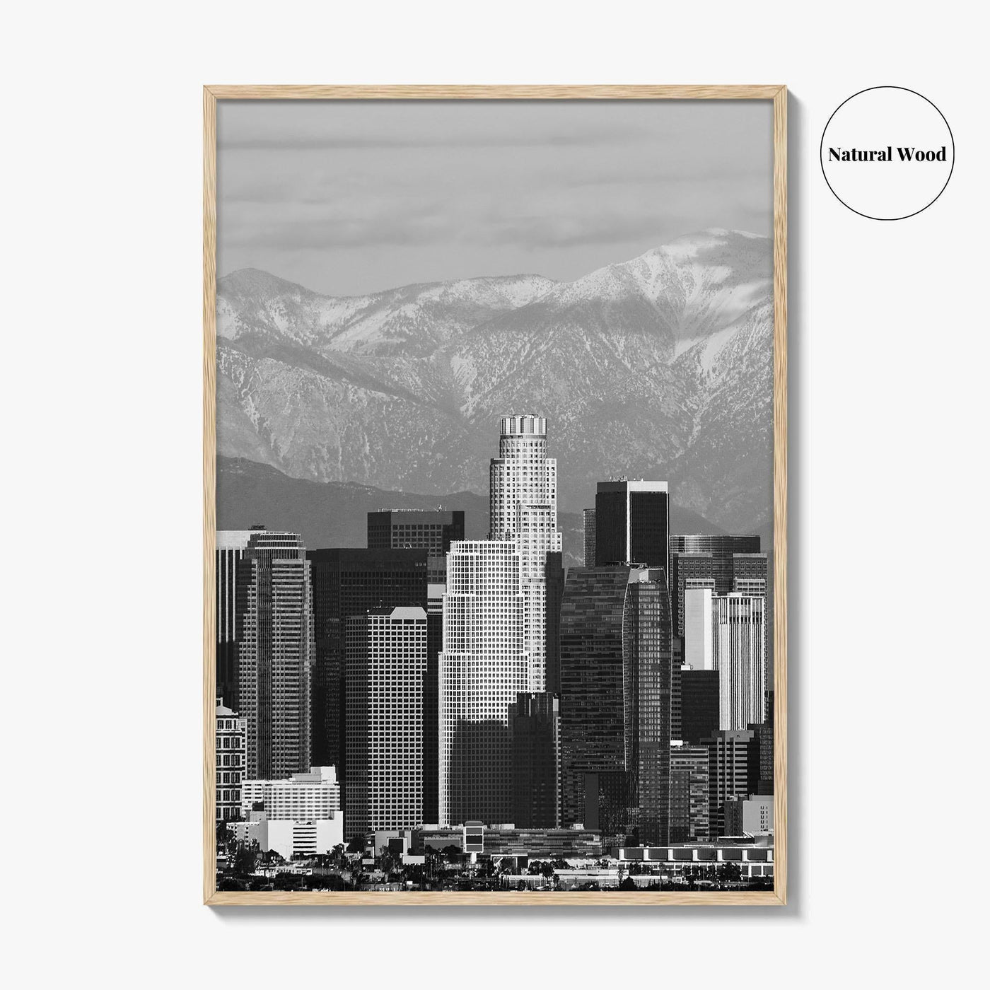 Los Angeles Skyline Black and White Fine Art Photo Print, Snowy Mountains California Poster
