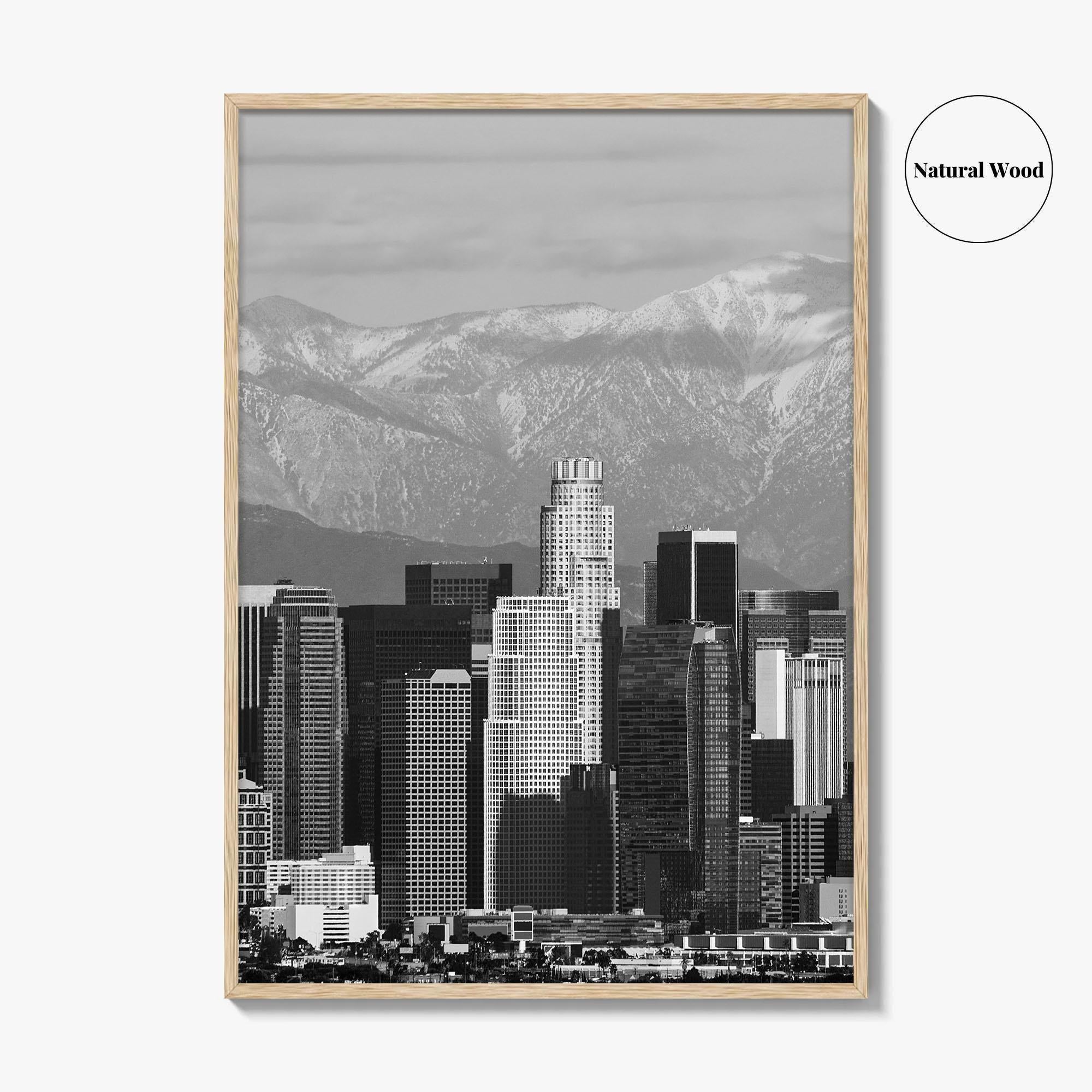Los Angeles Skyline Black and White Fine Art Photo Print, Snowy Mountains California Poster