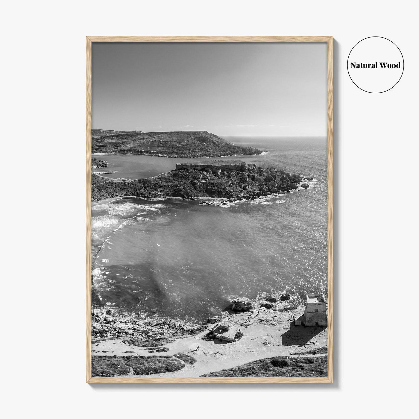 Malta Black and White Fine Art Photo Print, Golden Bay Beach, Mellieha, Coastal Poster