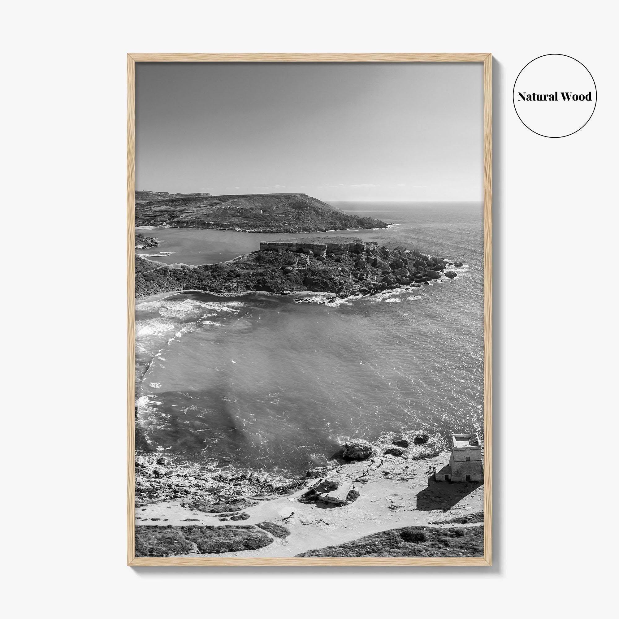 Malta Black and White Fine Art Photo Print, Golden Bay Beach, Mellieha, Coastal Poster