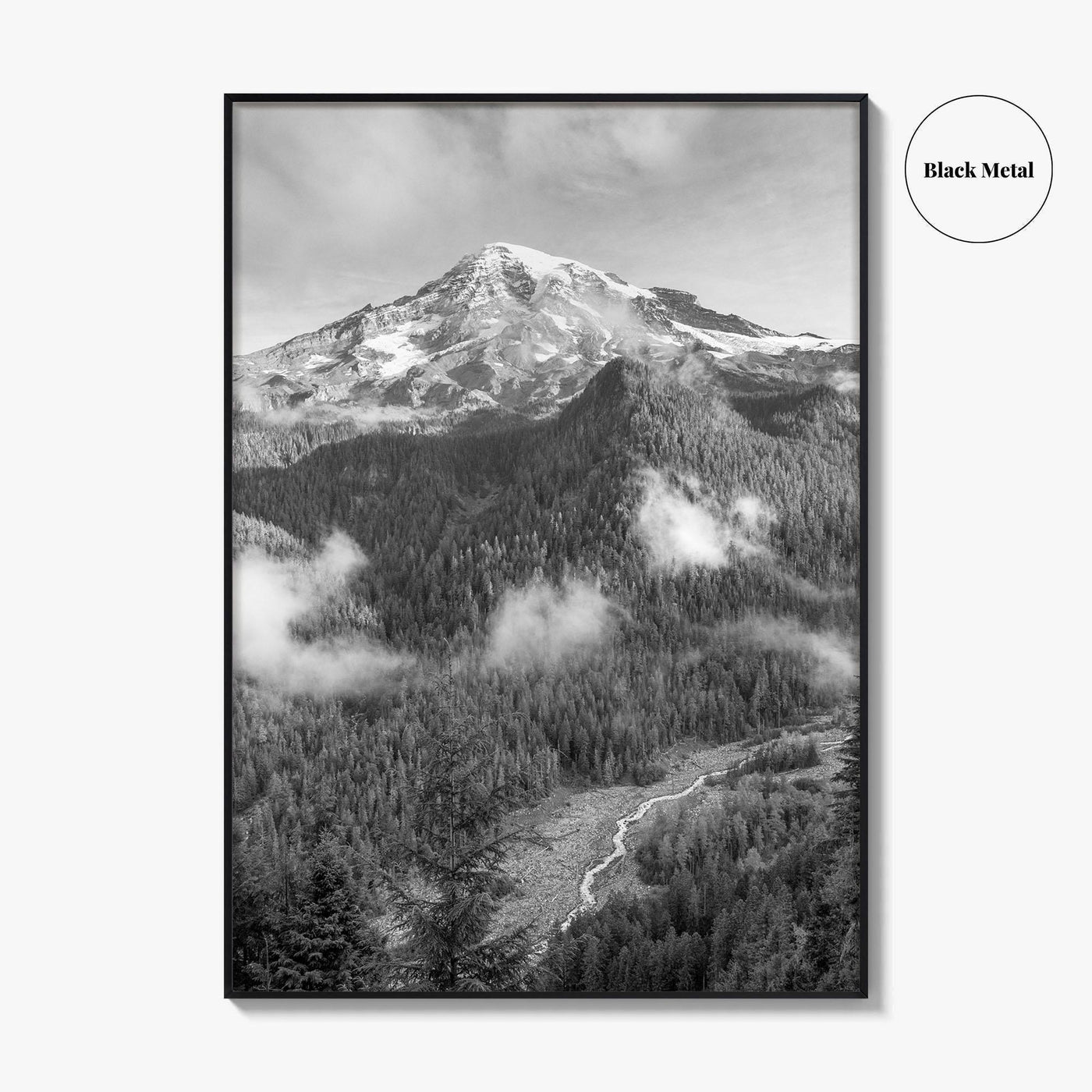 Mount Rainier Black and White Fine Art Photo Print, Washington USA, Nisqually River Poster