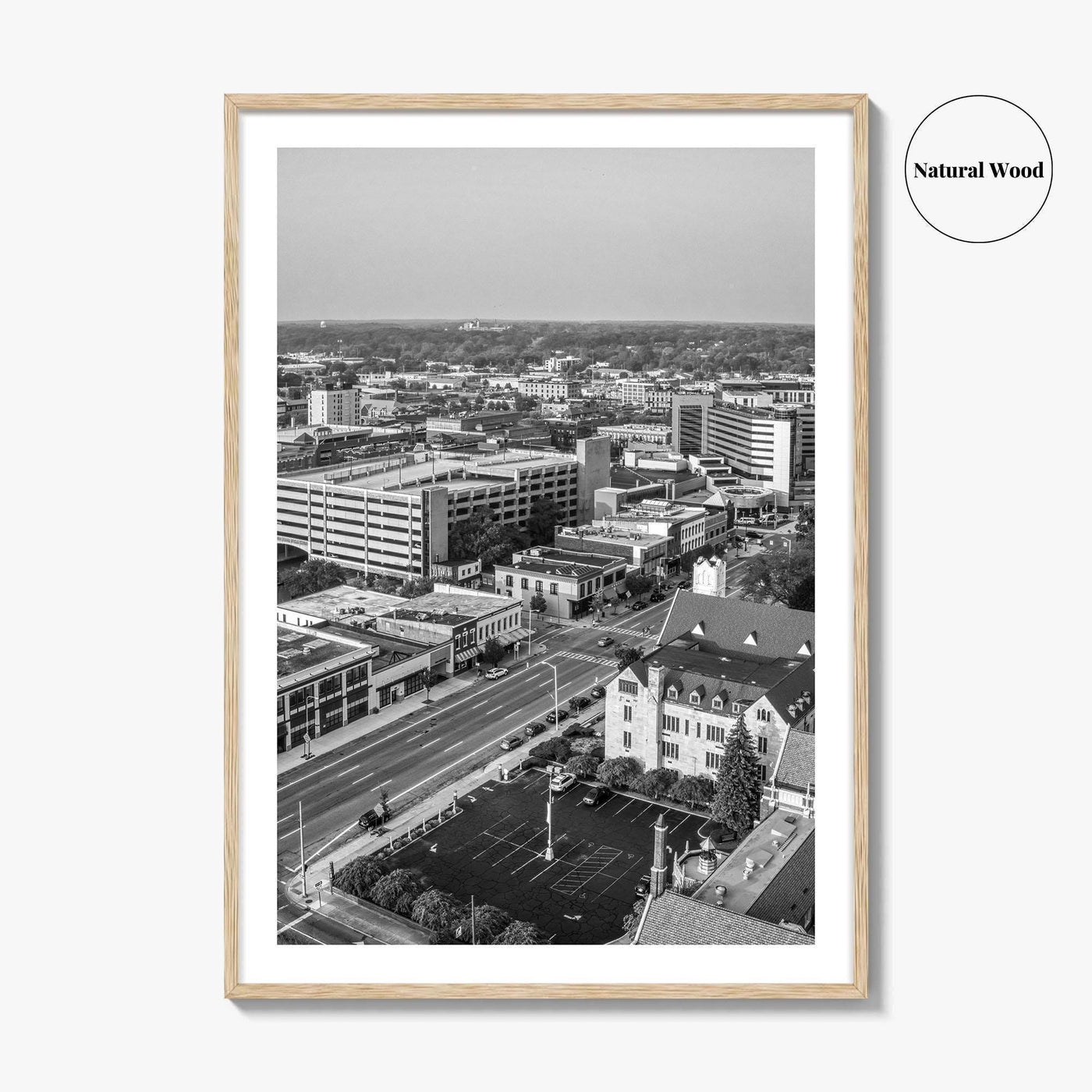 Kalamazoo Black and White Fine Art Photo Print, Michigan Aerial View, USA Wall Poster