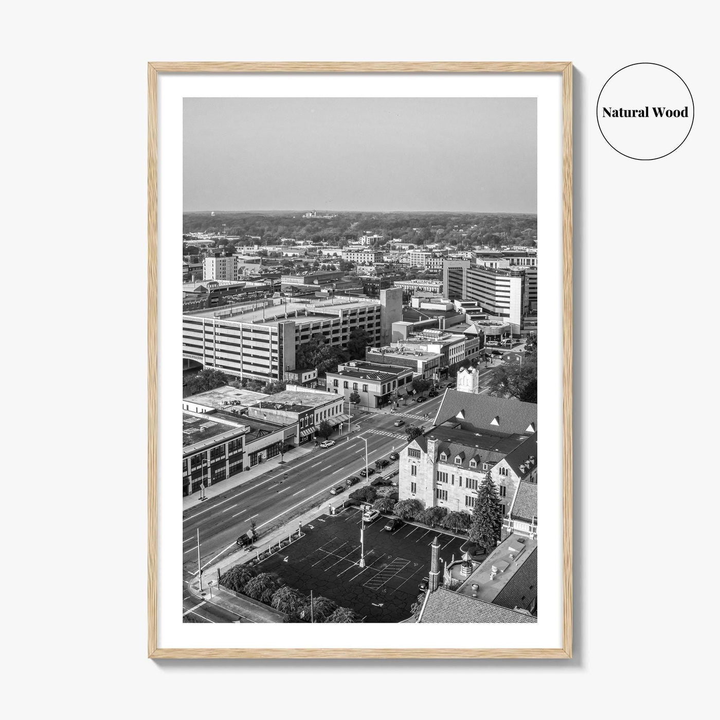 Kalamazoo Black and White Fine Art Photo Print, Michigan Aerial View, USA Wall Poster