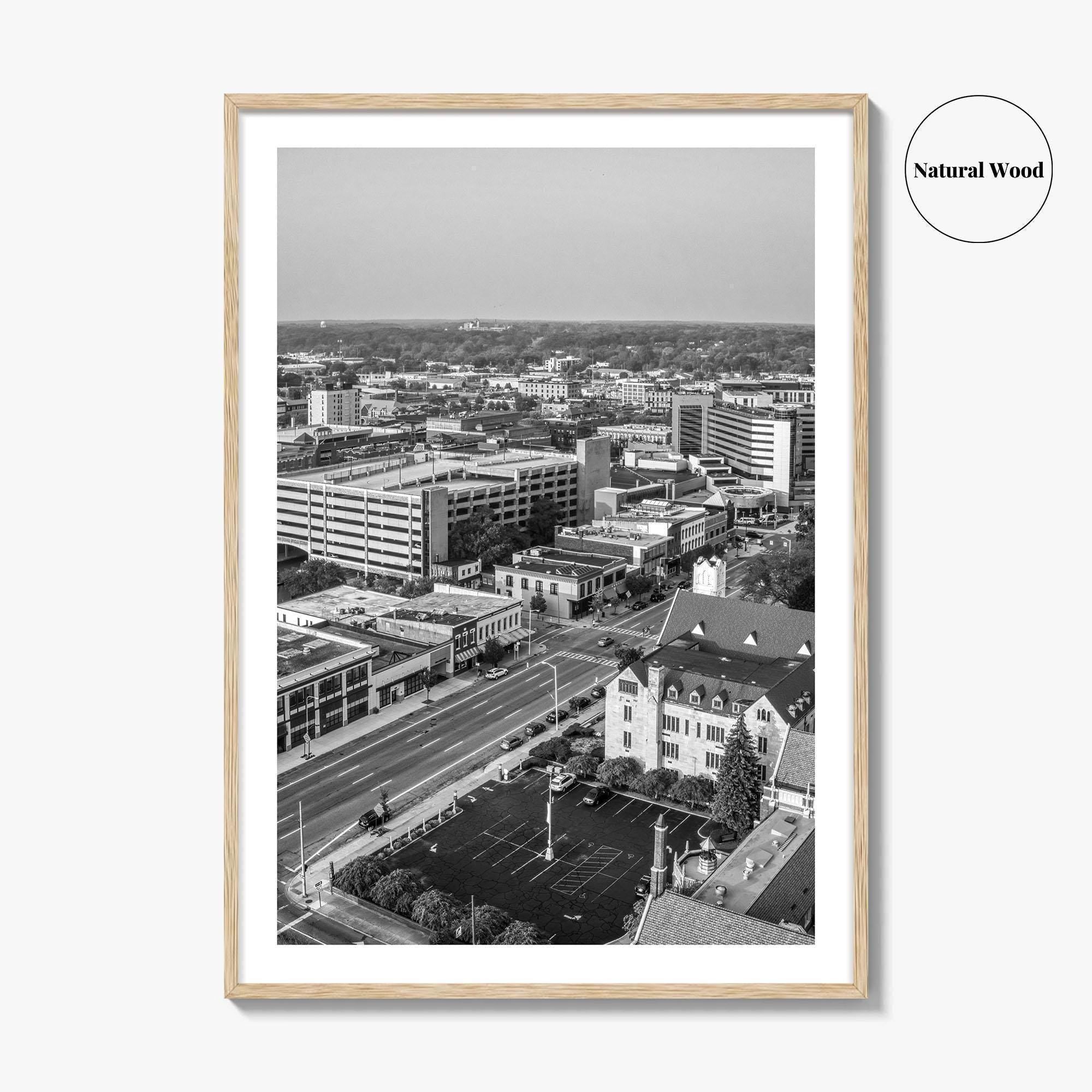 Kalamazoo Black and White Fine Art Photo Print, Michigan Aerial View, USA Wall Poster