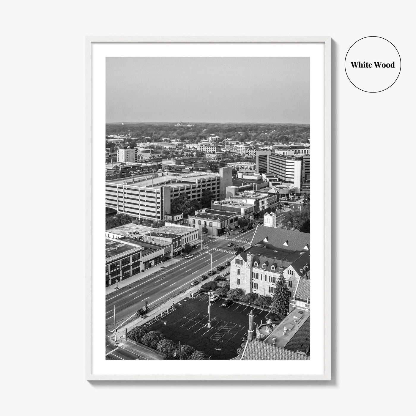 Kalamazoo Black and White Fine Art Photo Print, Michigan Aerial View, USA Wall Poster