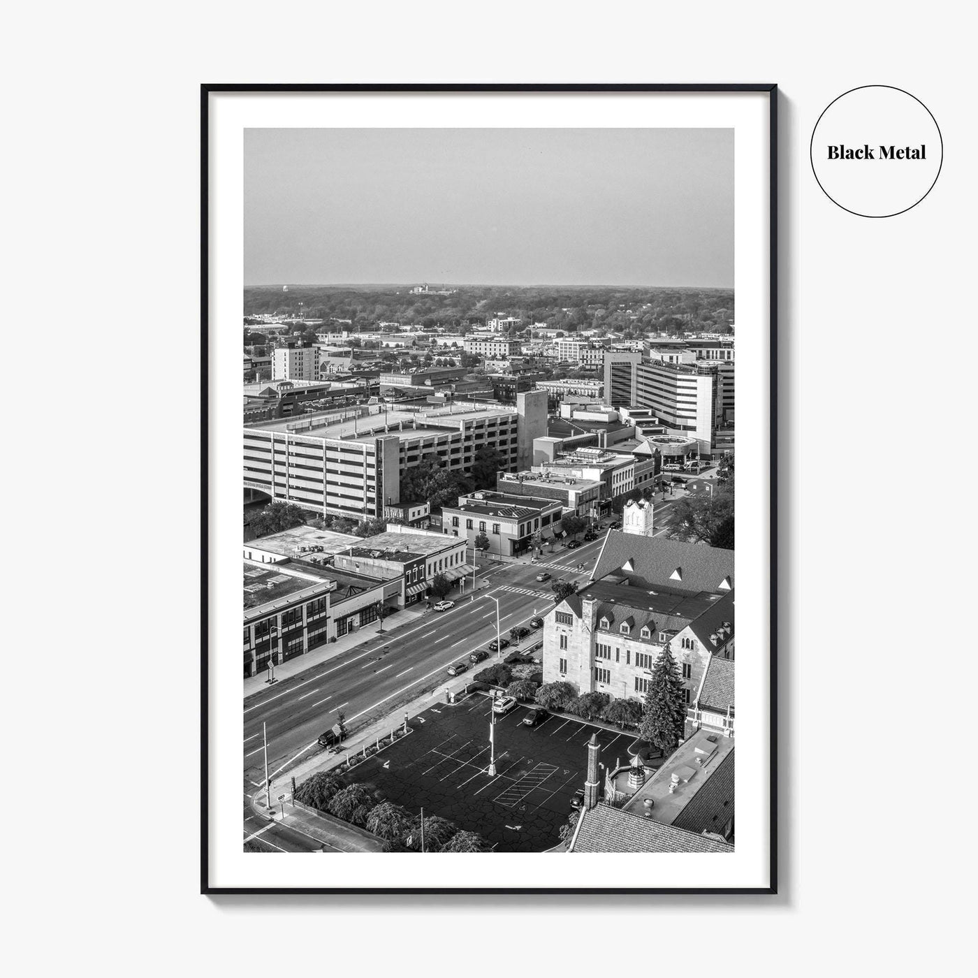 Kalamazoo Black and White Fine Art Photo Print, Michigan Aerial View, USA Wall Poster