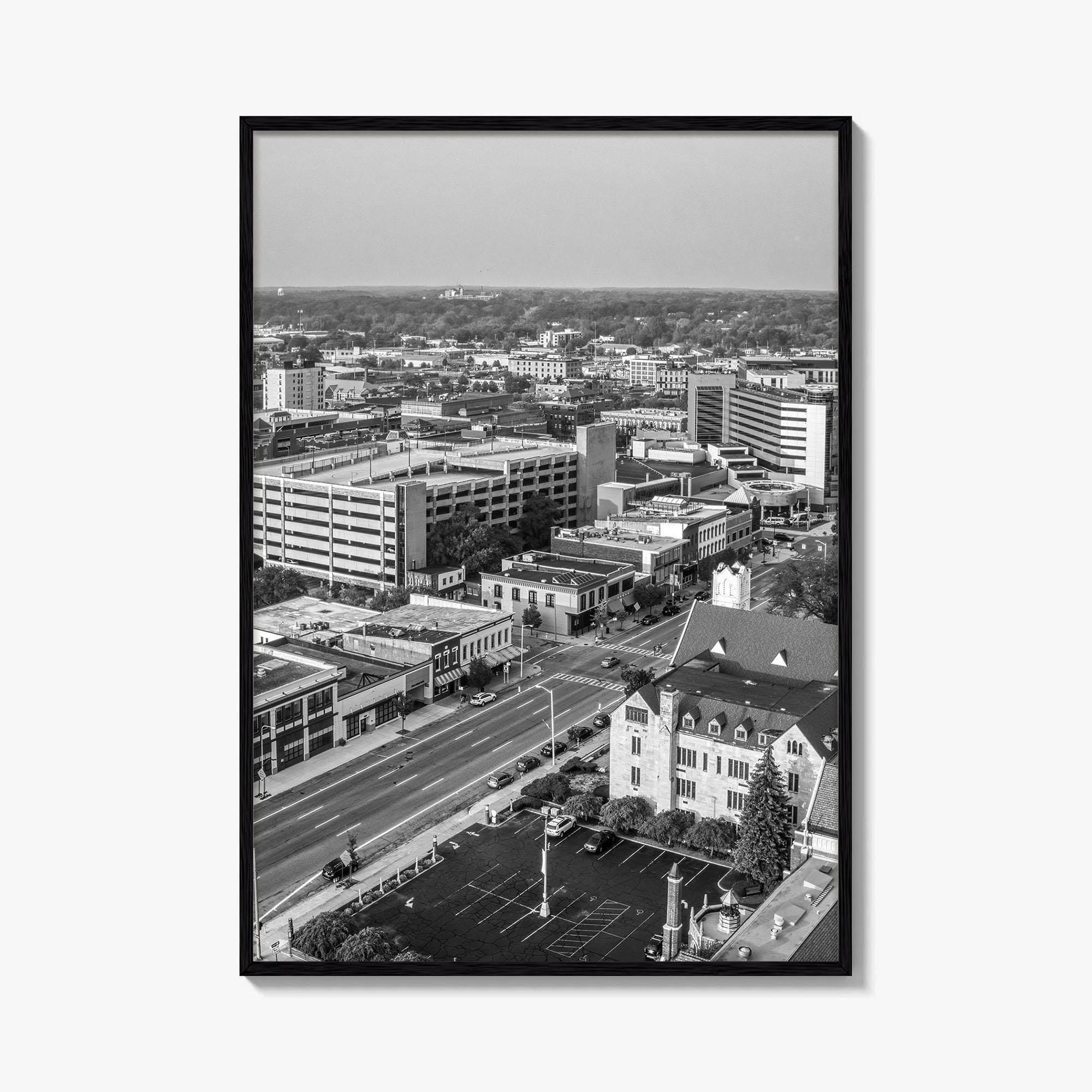 Kalamazoo Black and White Fine Art Photo Print, Michigan Aerial View, USA Wall Poster