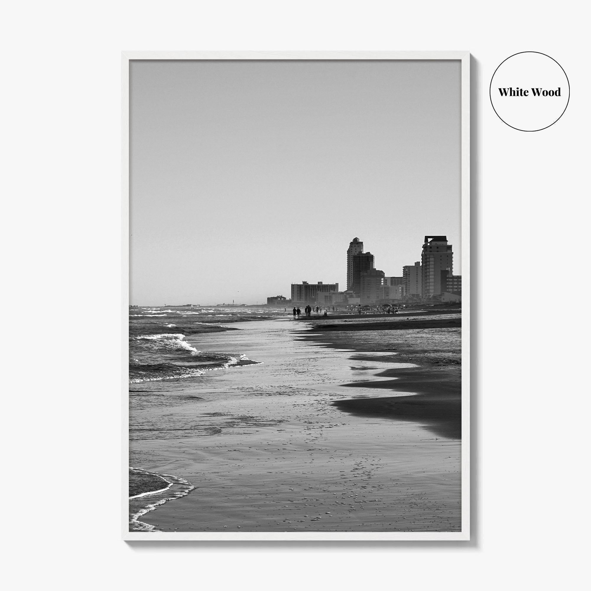 South Padre Island Black and White Fine Art Photo Print, Texas Shoreline Hotels Poster