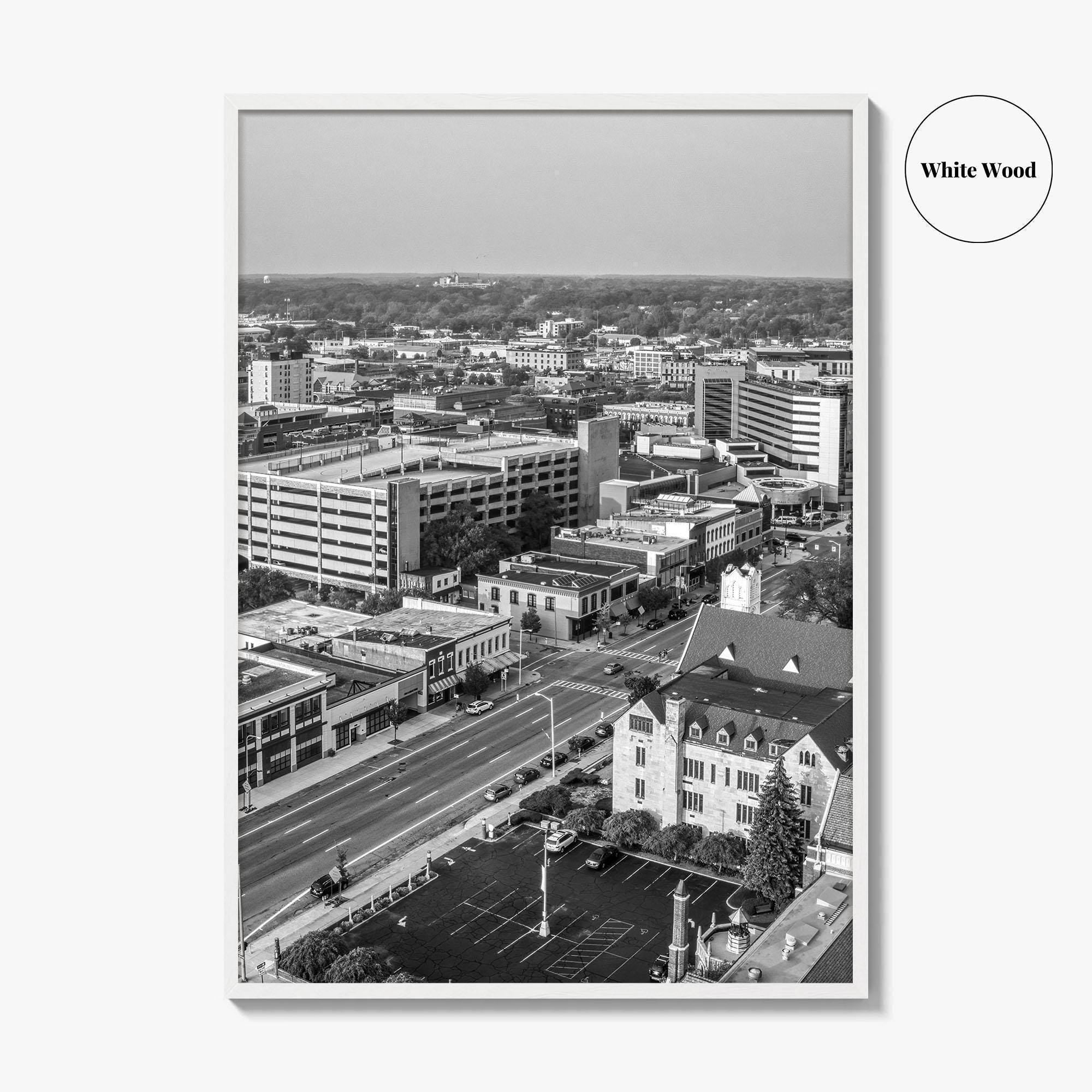 Kalamazoo Black and White Fine Art Photo Print, Michigan Aerial View, USA Wall Poster