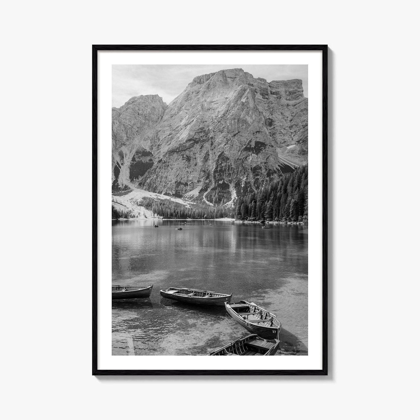 Lake Braies Black and White Fine Art Photo Print, Dolomites Italy Poster