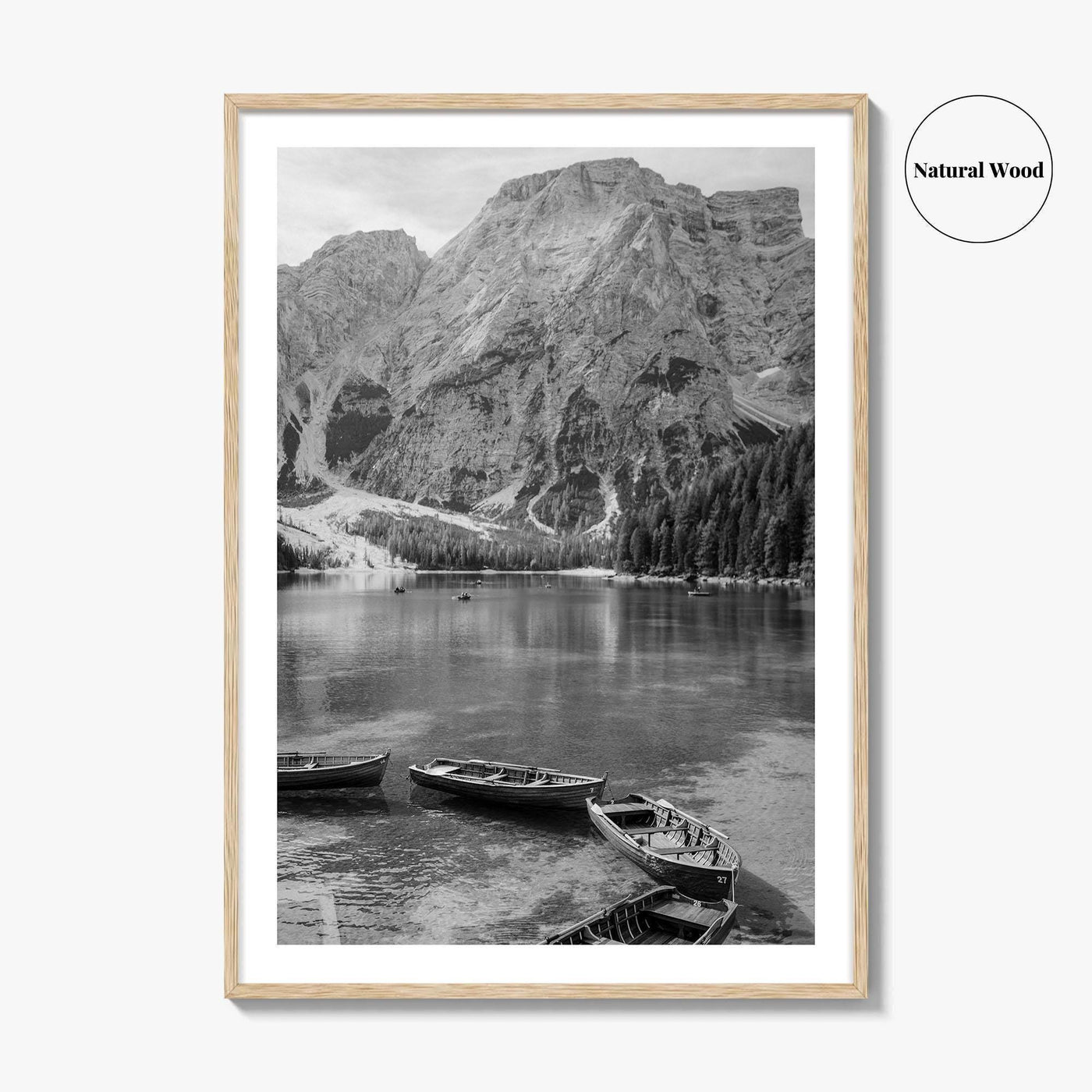 Lake Braies Black and White Fine Art Photo Print, Dolomites Italy Poster