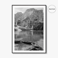 Lake Braies Black and White Fine Art Photo Print, Dolomites Italy Poster
