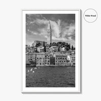 Rovinj Black and White Fine Art Photo Print, Old Town Harbor, Istria Croatia Poster