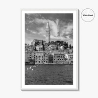 Rovinj Black and White Fine Art Photo Print, Old Town Harbor, Istria Croatia Poster