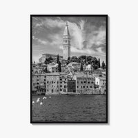 Rovinj Black and White Fine Art Photo Print, Old Town Harbor, Istria Croatia Poster