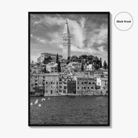 Rovinj Black and White Fine Art Photo Print, Old Town Harbor, Istria Croatia Poster
