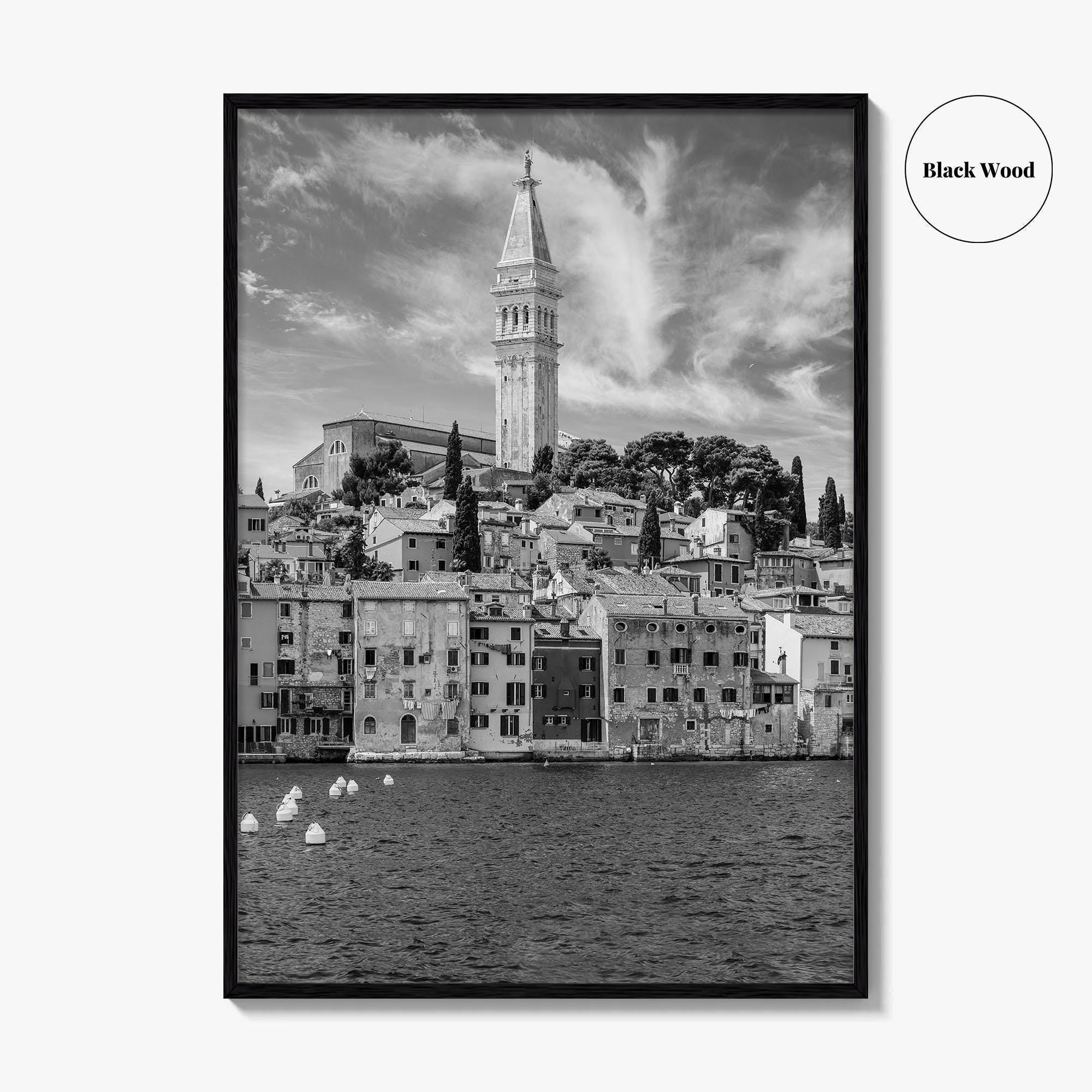 Rovinj Black and White Fine Art Photo Print, Old Town Harbor, Istria Croatia Poster