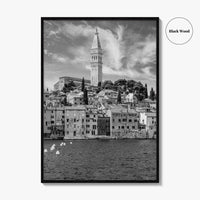 Rovinj Black and White Fine Art Photo Print, Old Town Harbor, Istria Croatia Poster