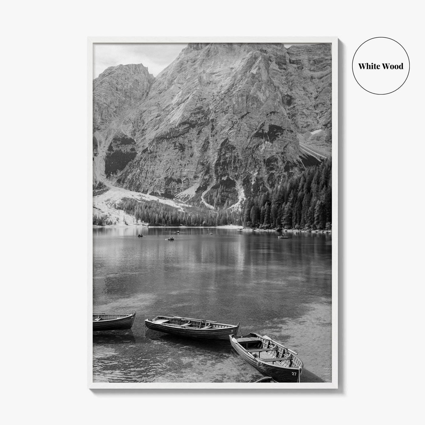 Lake Braies Black and White Fine Art Photo Print, Dolomites Italy Poster