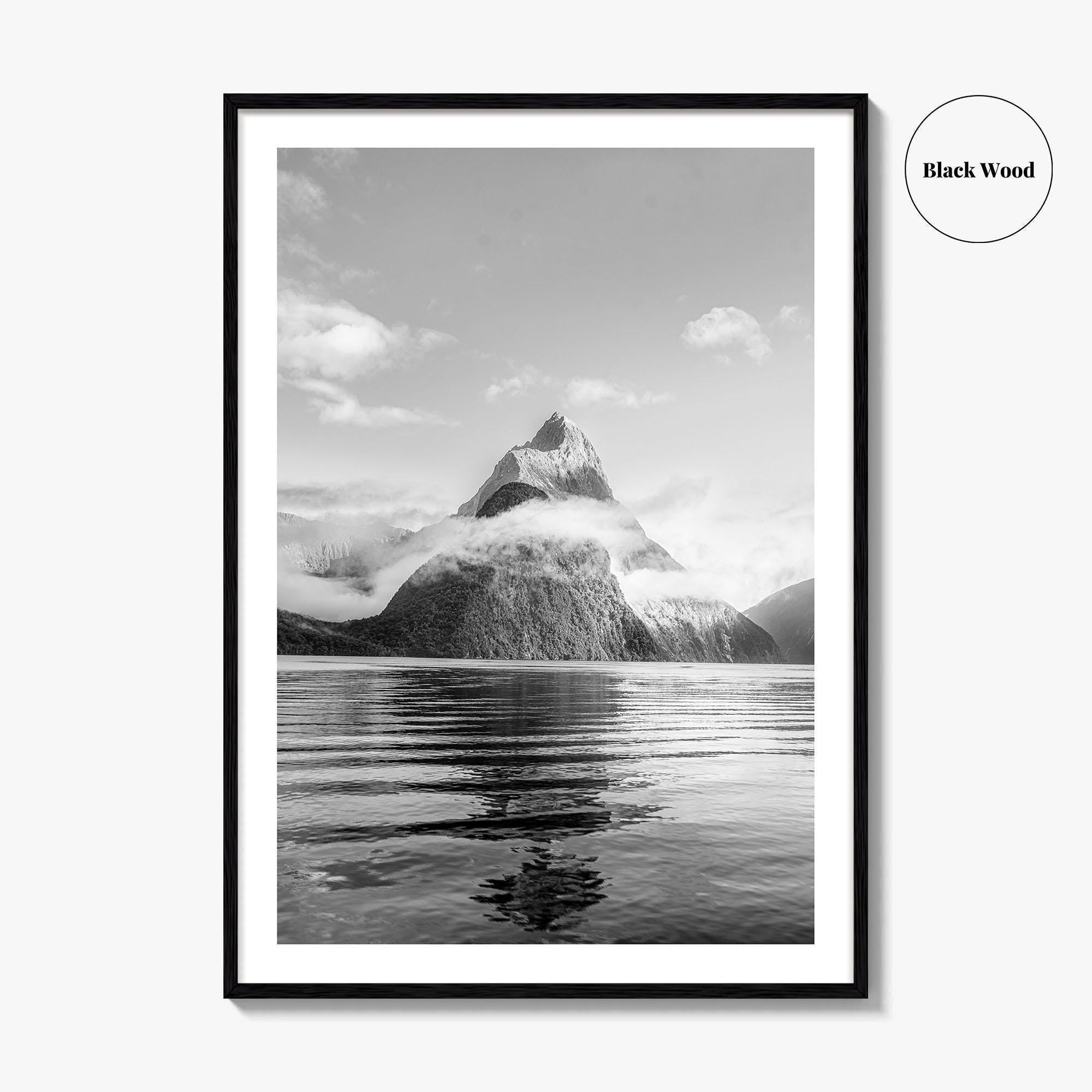 Milford Sound Black and White Fine Art Photo Print, Mitre Peak, New Zealand Poster