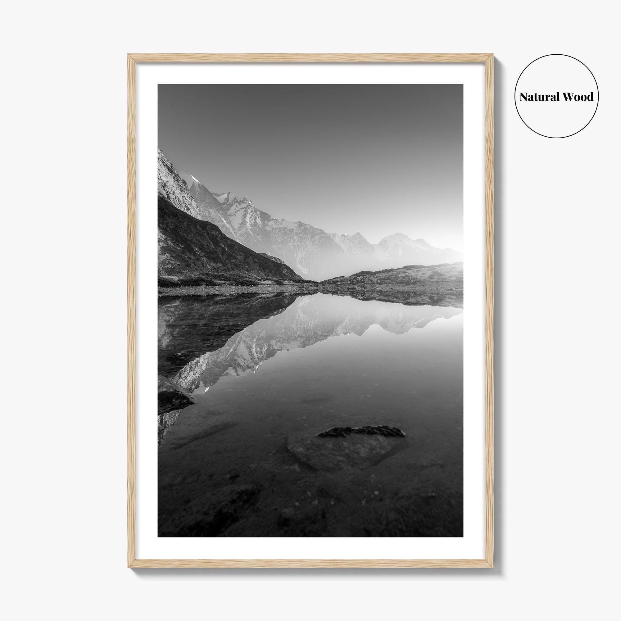 Himalayas Black and White Fine Art Photo Print, Nepal Poster, Mountain Lake Reflection