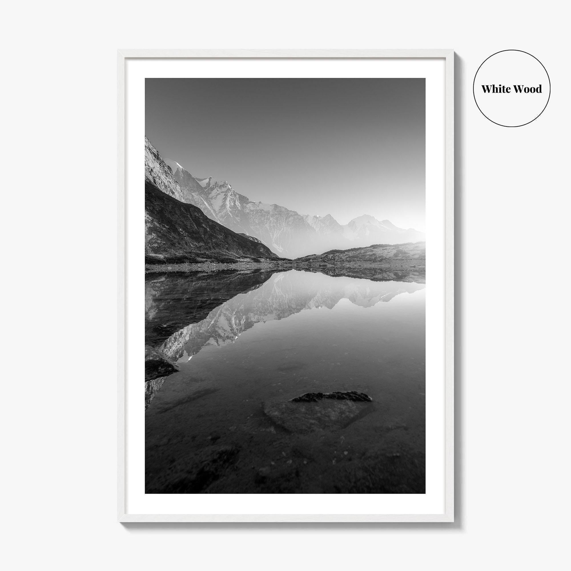 Himalayas Black and White Fine Art Photo Print, Nepal Poster, Mountain Lake Reflection