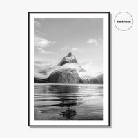 Milford Sound Black and White Fine Art Photo Print, Mitre Peak, New Zealand Poster