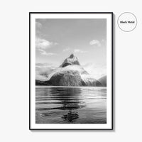 Milford Sound Black and White Fine Art Photo Print, Mitre Peak, New Zealand Poster